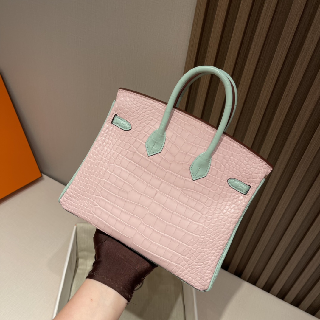 에르메스 버킨백25 핑크 민트그린 은장 악어가죽